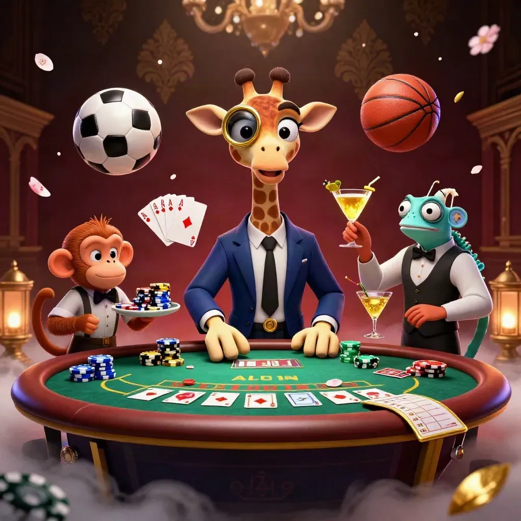 Cartoon giraffe, monkey valet, and chameleon bartender at a luxe poker table with chips, cards, and sports balls.
