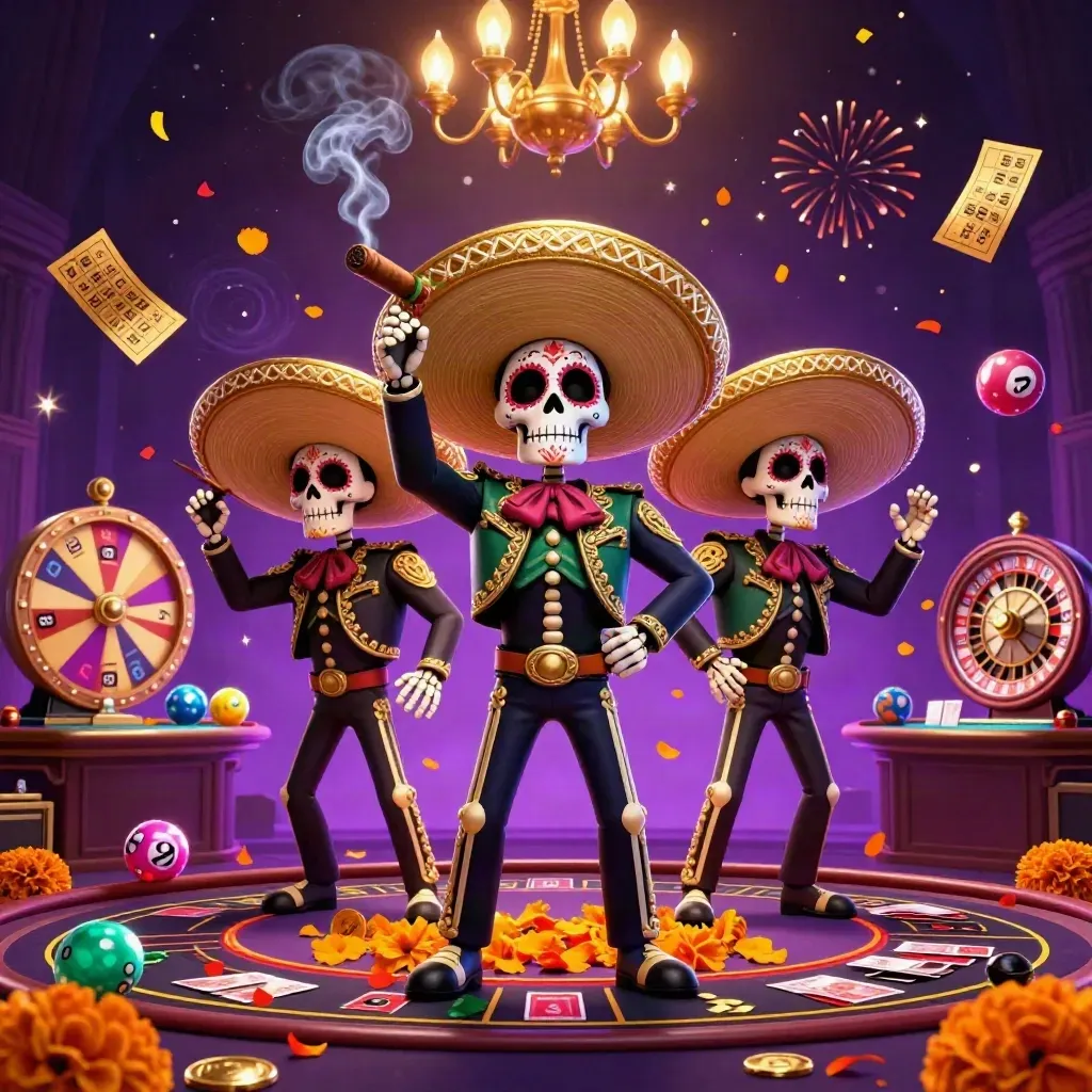 Skeleton mariachi trio with casino effects, roulette wheel, lottery balls, and gold confetti.