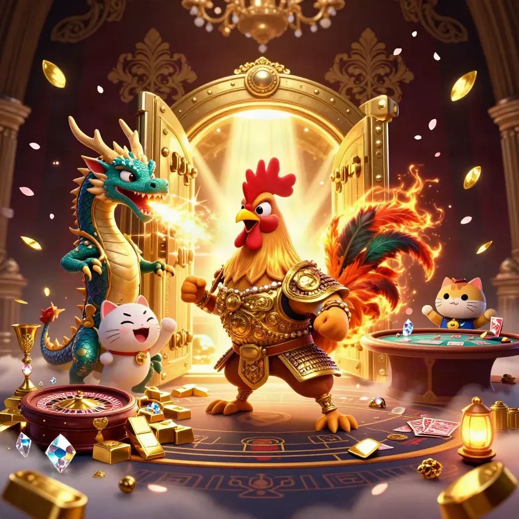 Rooster warrior, dragon hatchling, and fortune-cat amid vault gold, gems, and casino glamour.