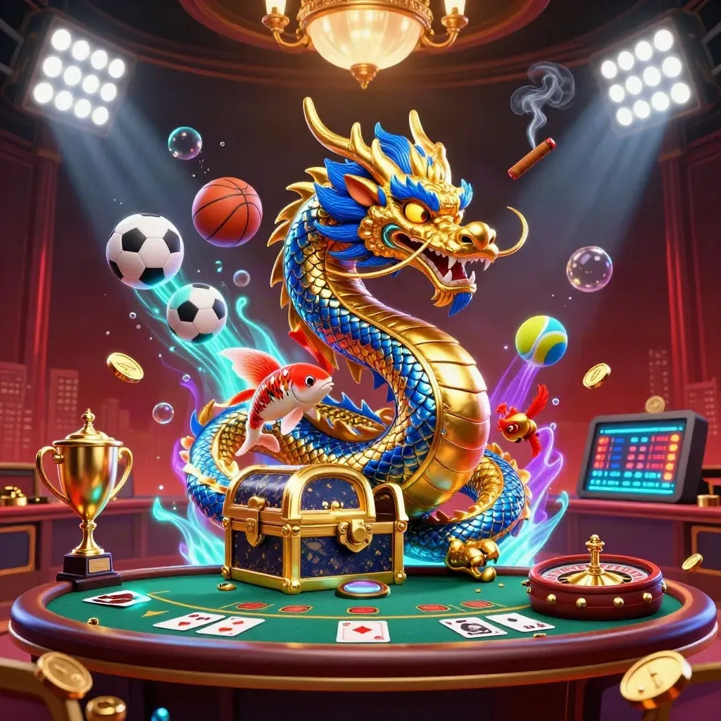 Golden dragon with phoenix and koi amid casino sports symbols, coins, and luxe lighting.