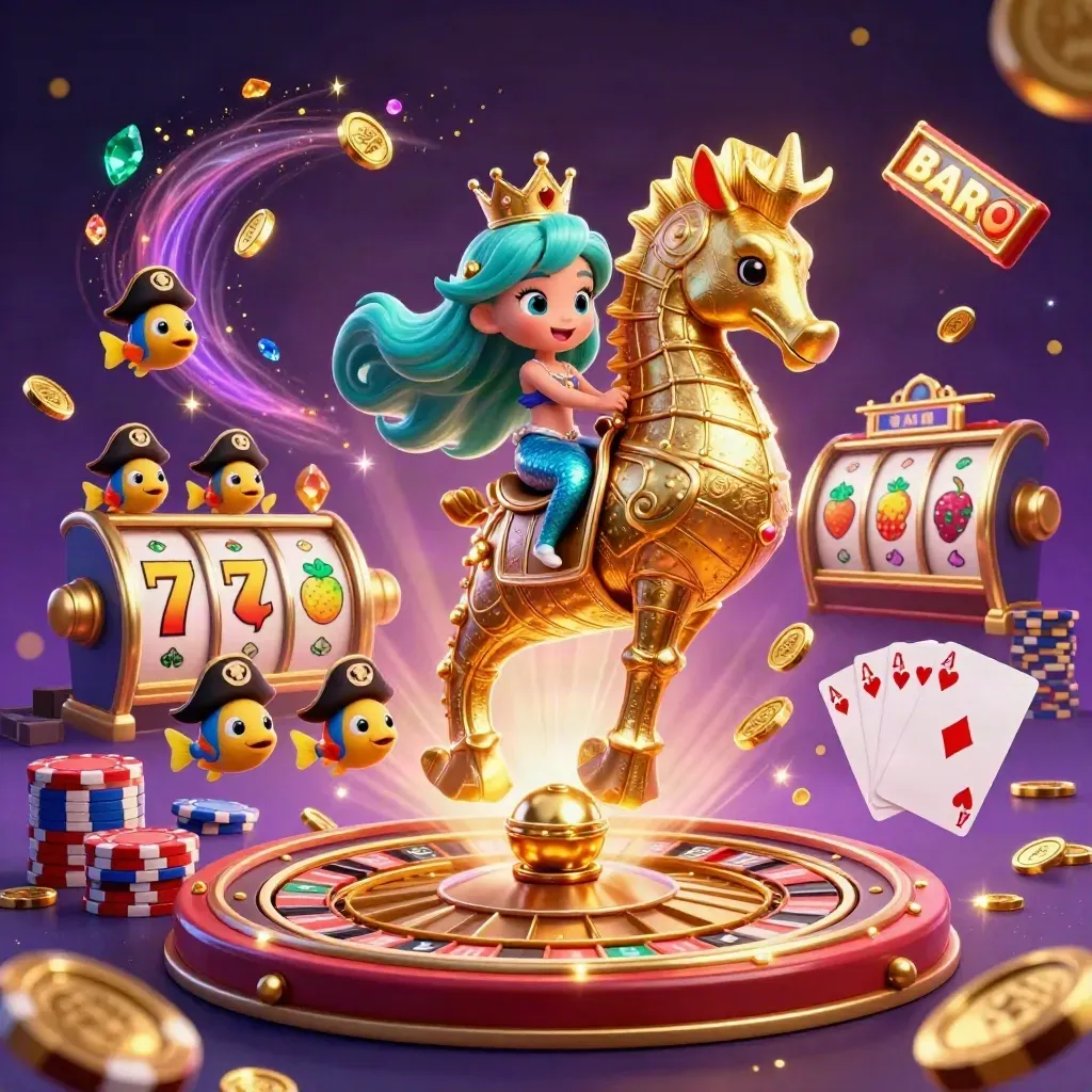 Mermaid princess on armored seahorse amid coins, gems, cards, chips, and glowing casino magic.