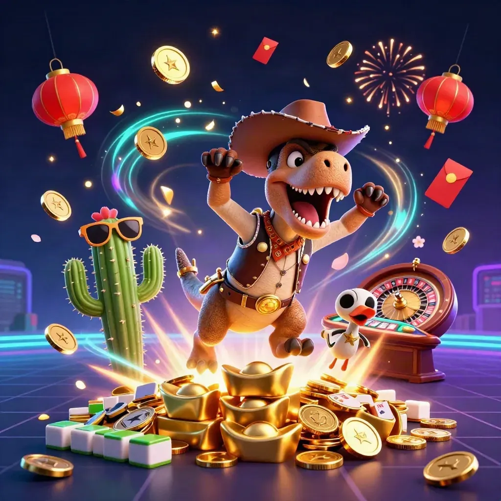 Cowboy T-Rex, cactus sidekick, and roadrunner amid exploding coins, lanterns, fireworks, and casino props.
