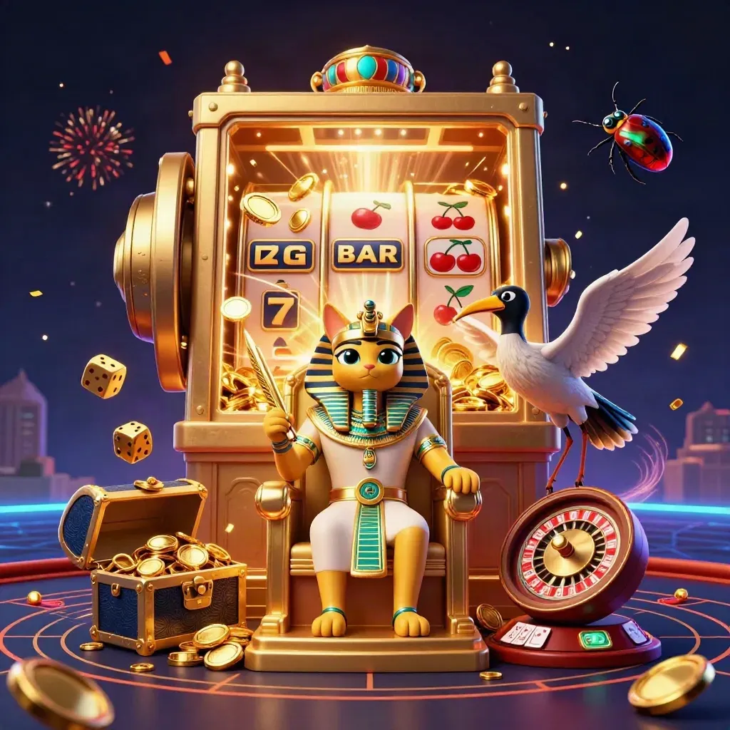 Pharaoh cat, ibis scribe, and gem-wing scarabs amid slot burst, coins, cards, and fireworks.