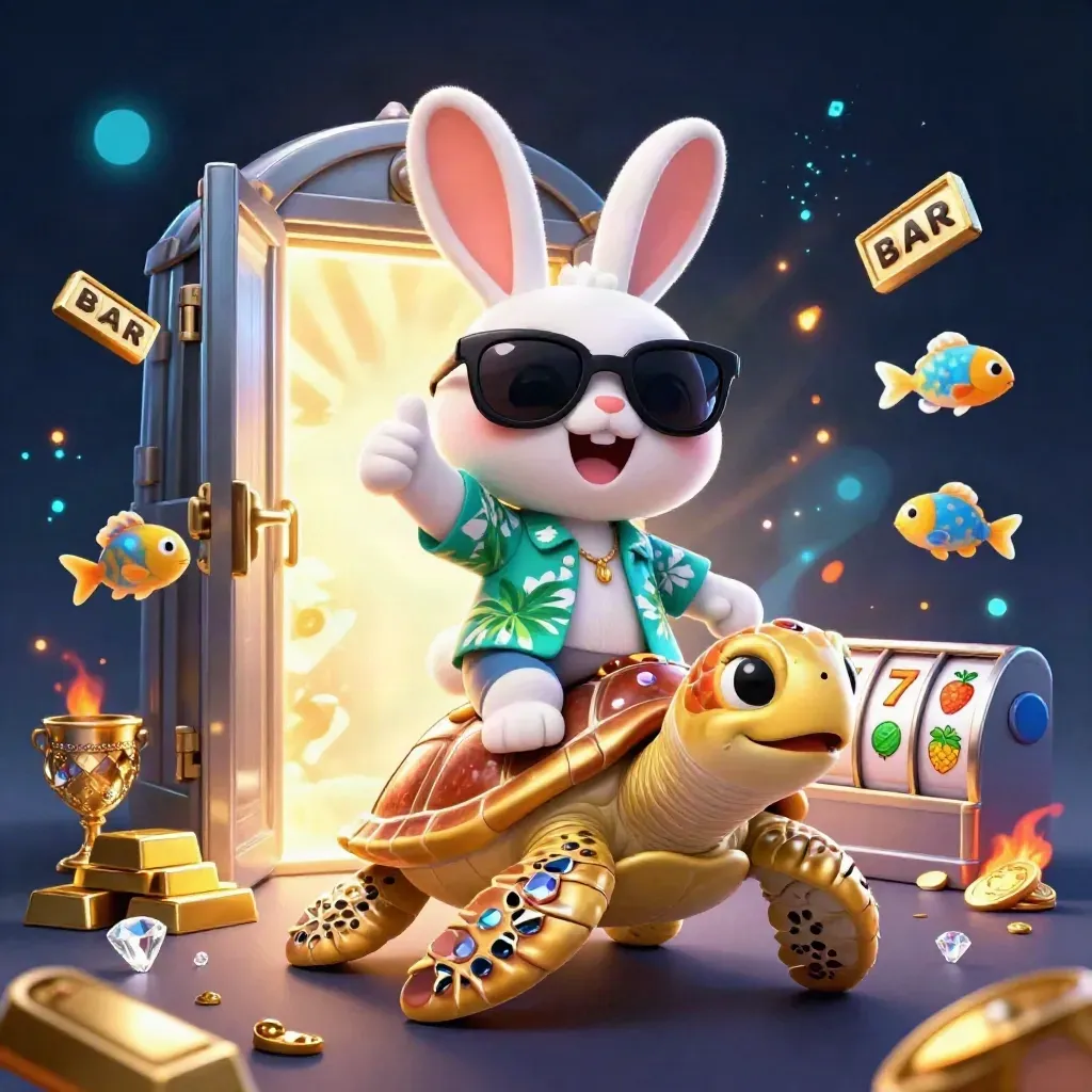 Rabbit on a golden turtle with casino loot, vault light, and glowing slot symbols.