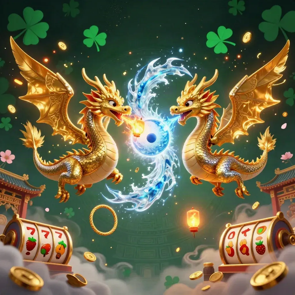Twin gold and silver dragons spiral around a lantern spirit amid casino runes and coins.