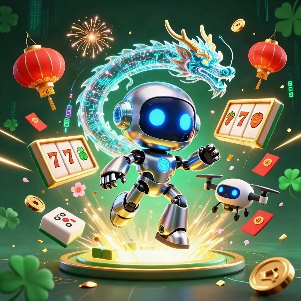 Chrome robot, holographic dragon, and coin drone amid jade coins, lanterns, and casino sparks.